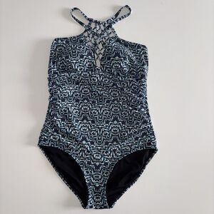 Swimsuits For All Blue Print One Piece Swimsuit Size 12 High Neck Halter